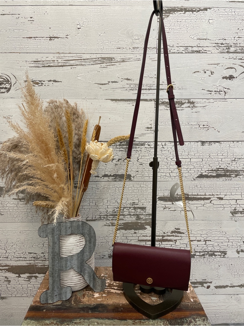 Tory Burch Convertible Crossbody Bag in Deep Burgundy with Gold Chain